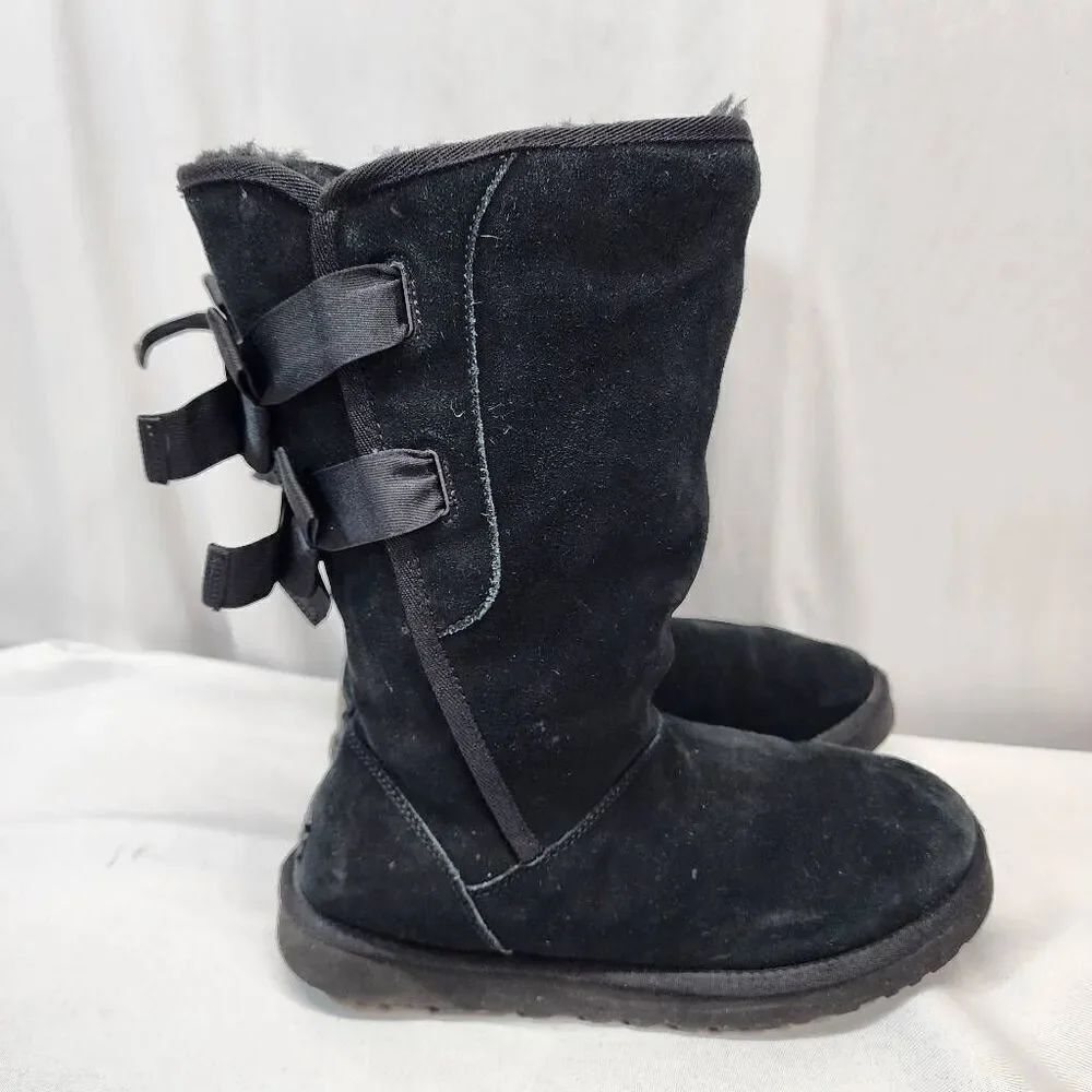 UGG Everleigh Black Suede Double Bow Mid Calf Womens 10 BOOTS Shearling Lining